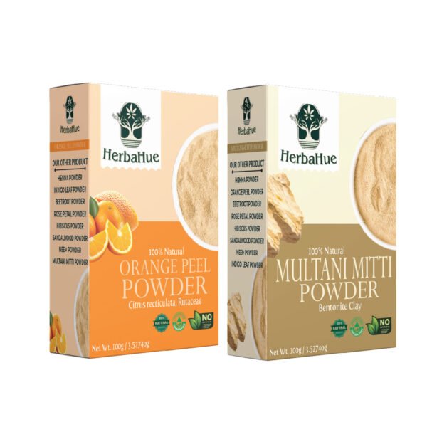 Herbahue Multani Mitti & Orange Peel Powder Combo – 100g Each | Natural Face Pack for Glowing Skin, Deep Cleansing & Oil Control | Pure & Chemical-Free Skincare for Men & Women