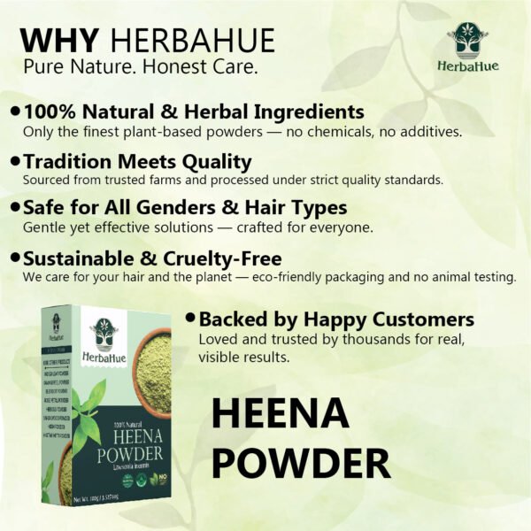 Herbahue 100% Pure Henna Powder | Natural Mehndi for Hair Colour & Conditioning | 100g | Chemical-Free, Triple-Sifted, Rajasthani Lawsonia Inermis - Image 2